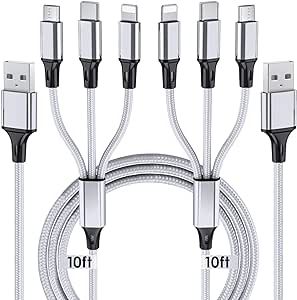 Multi Charging Cable, 10ft 2Pack Multi Phone Charger Cable Braided Universal 3 in 1 Charging Cord Extra Long Multiple USB Cable with USB C, Micro USB Port Connectors for Cell Phones and More