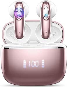 Wireless Earbud, Bluetooth Headphones 5.3 Built in 4 ENC Mic, Stereo Bass Wireless Earphones, 40H Bluetooth Earbud in-Ear LED Display, USB-C, IP7 Waterproof Sports Ear Buds for Android iOS, Rose Gold