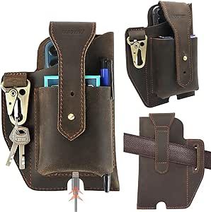 SUOHU Leather Phone Holster with Belt Clip, Leather Cell Phone Holder for Belt, Leather Belt Phone Pouch, Universal Leather Phone Case on Belt, Tactical Leather Phone Belt Bag for iPhone (Dark Brown)